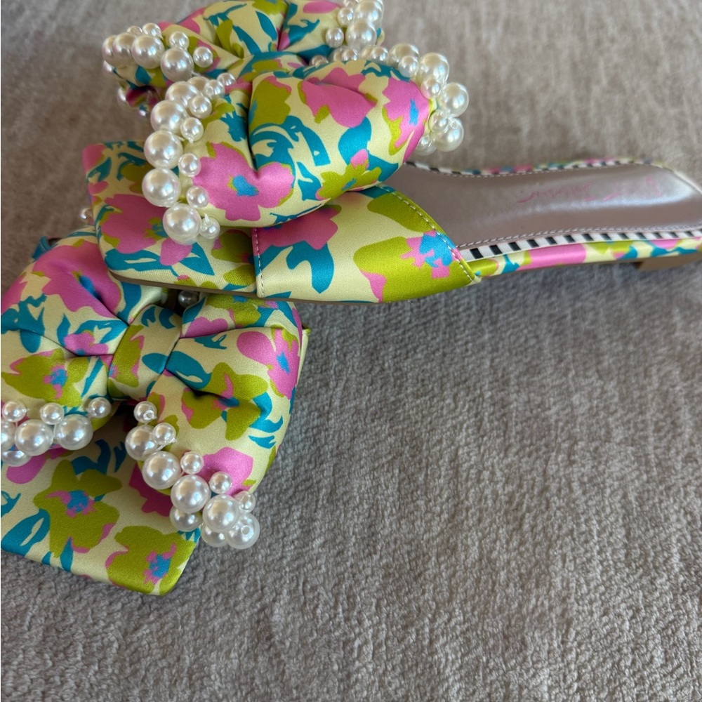 Betsey Johnson Pink, Turquoise & Lime Pearl-Trim Bow Slide Sandals - Picture 2 of 4